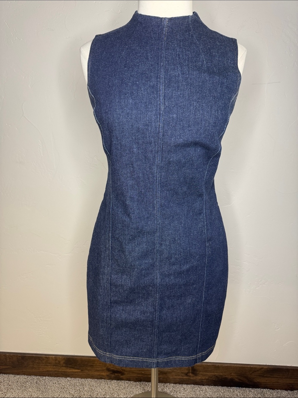SPANX Dark Blue Stretch Denim Mock Neck Back Zip with Pockets Medium